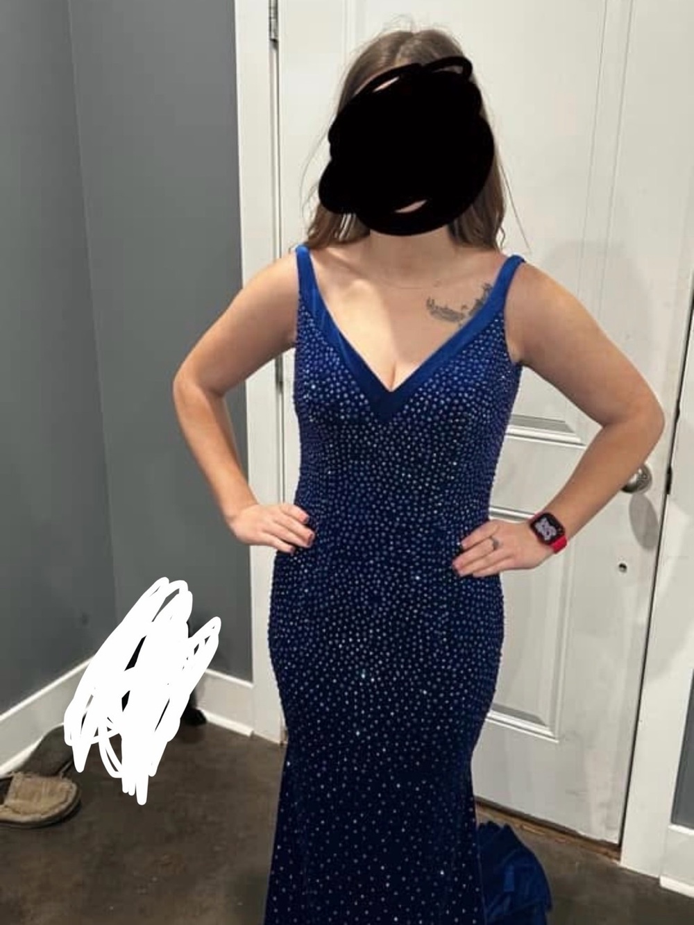 Velvet Navy Beaded V-Neck Evening Gown